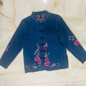 Look East Vintage Embroidered Blue Jean Jacket Floral Butterflies Womens Size M